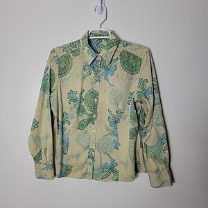 Ann Taylor Petites Women's Green Yellow Blue Paisley Button Up Top 14P